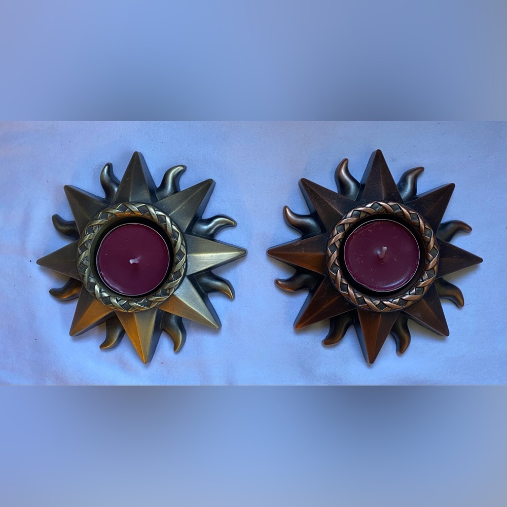 Lot of 2 metal tea light / votive candle holders- decorative sun / sunburst - Picture 1 of 5